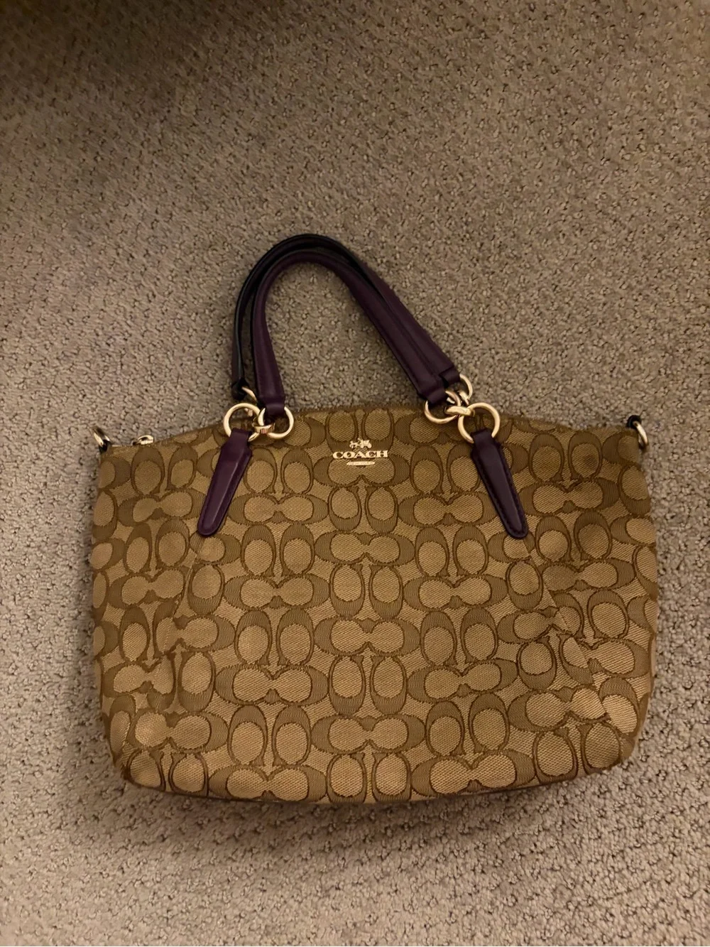 Coach Brown Signature Canvas Shoulder Bag with Dark Purple Handles
